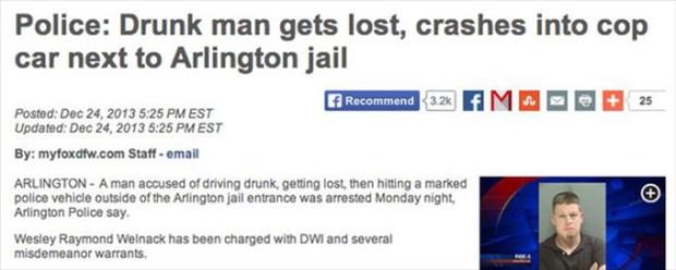 web page - Police Drunk man gets lost, crashes into cop car next to Arlington jail Fi Recommend 3.24 F M # 25 Posted Est Updated Est By myfoxdfw.com Staff email Arlington A man accused of driving drunk, getting lost, then hitting a marked police vehicle o