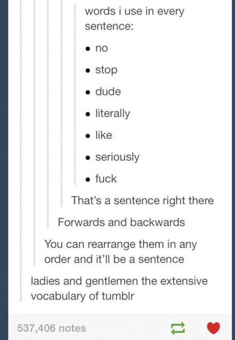 tumblr - document - words i use in every sentence no stop dude literally . seriously fuck That's a sentence right there Forwards and backwards You can rearrange them in any order and it'll be a sentence ladies and gentlemen the extensive vocabulary of tum
