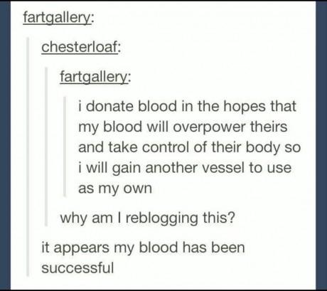 tumblr - document - fartgallery chesterloaf fartgallery i donate blood in the hopes that my blood will overpower theirs and take control of their body so i will gain another vessel to use as my own why am I reblogging this? it appears my blood has been su