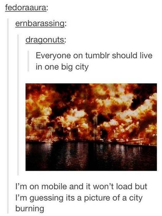 tumblr - hollywood funny - fedoraaura ernbarassing dragonuts Everyone on tumblr should live in one big city I'm on mobile and it won't load but I'm guessing its a picture of a city burning