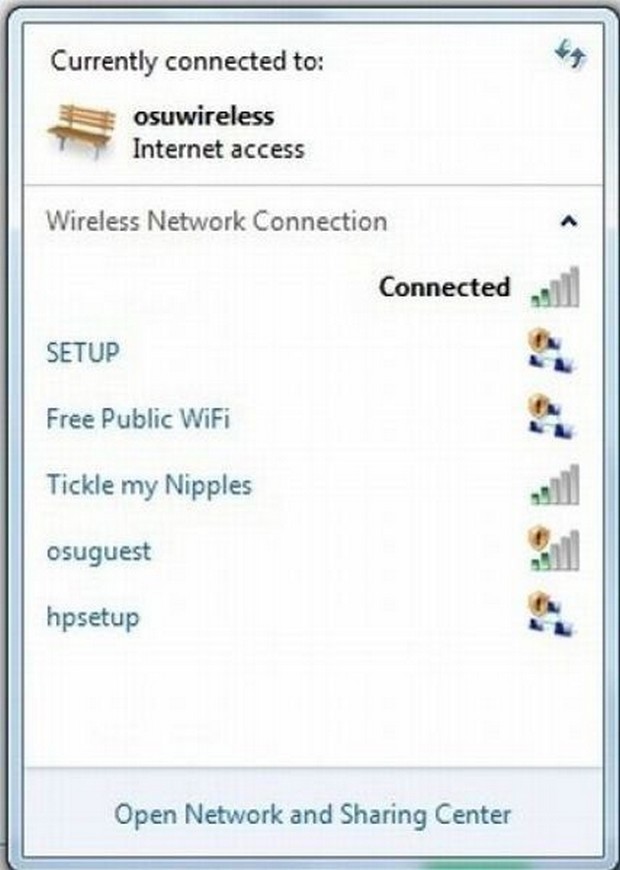 web page - Currently connected to osuwireless Internet access Wireless Network Connection Connected Setup Free Public WiFi Tickle my Nipples osuguest hpsetup Open Network and Sharing Center