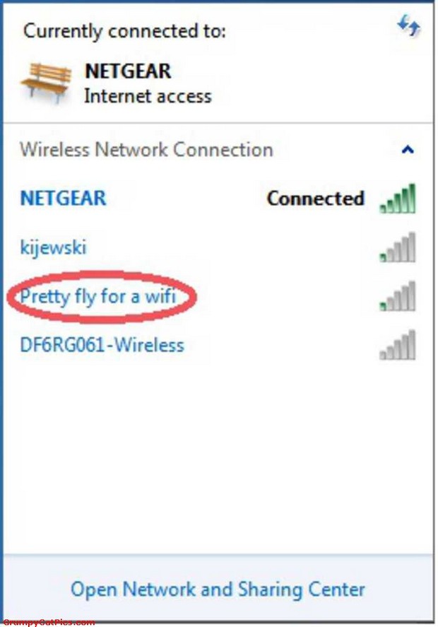 funny wifi hotspot names - Currently connected to Netgear Internet access Wireless Network Connection Netgear Connected kijewski Pretty fly for a wifi DF6 RG061 Wireless Open Network and Sharing Center erempyetPincom