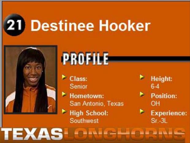 dr pepper - 21 Destinee Hooker Profile Height 64 Class Senior Hometown San Antonio, Texas High School Southwest Position Oh Experience Sr.3L Texasd