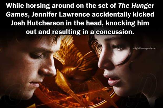 While horsing around on the set of The Hunger Games, Jennifer Lawrence accidentally kicked Josh Hutcherson in the head, knocking him out and resulting in a concussion. slightlywarped.com