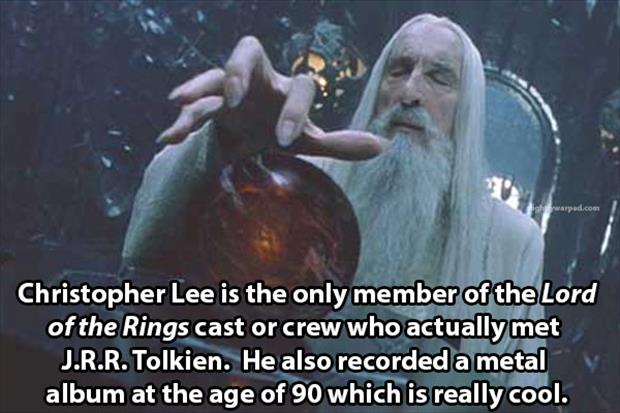 lotr saruman - Christopher Lee is the only member of the Lord of the Rings cast or crew who actually met J.R.R. Tolkien. He also recorded a metal album at the age of 90 which is really cool.