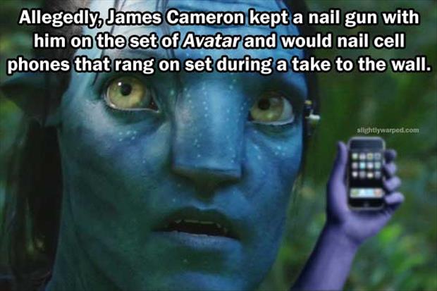 movie avatar memes - Allegedly James Cameron kept a nail gun with him on the set of Avatar and would nail cell phones that rang on set during a take to the wall. slightlywarped.com