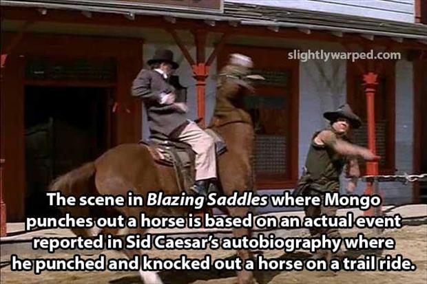 blazing saddles mongo punches horse - slightlywarped.com The scene in Blazing Saddles where Mongo punches out a horse is based on an actual event reported in Sid Caesar's autobiography where he punched and knocked out a horse on a trail ride.
