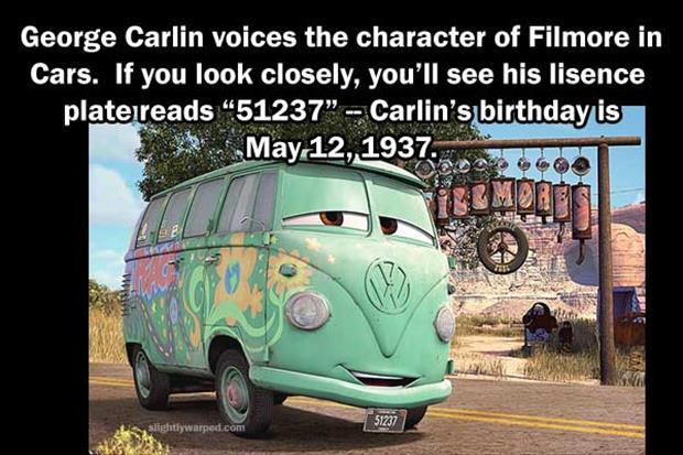 fillmore cars - George Carlin voices the character of Filmore in Cars. If you look closely, you'll see his lisence plate reads "51237" Carlin's birthday is . slightlywarped.com
