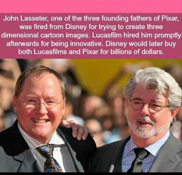 john lasseter and george lucas - John Lasseter, one of the three founding fathers of Pixar. was fired from Disney for trying to create three dimensional cartoon images. Lucasfilm hired him promptly afterwards for being innovative. Disney would later buy b