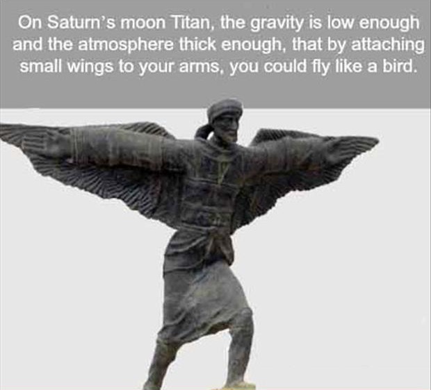 abbas ibn firnas statue - On Saturn's moon Titan, the gravity is low enough and the atmosphere thick enough, that by attaching small wings to your arms, you could fly a bird.