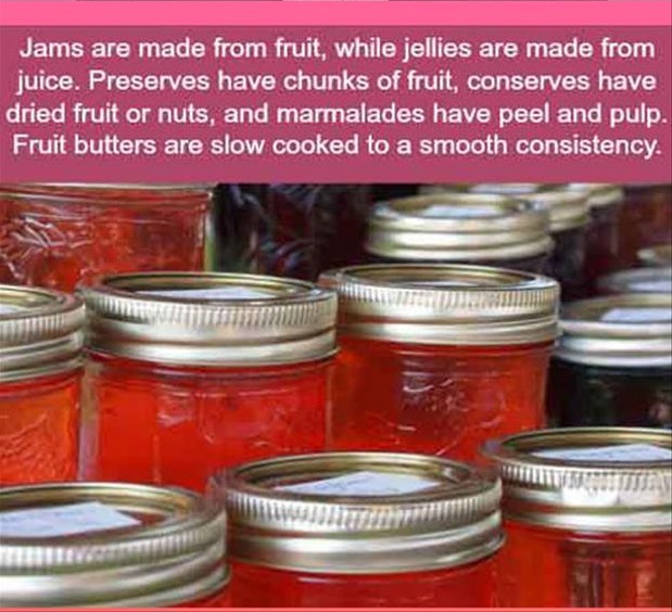 mason jar - Jams are made from fruit, while jellies are made from juice. Preserves have chunks of fruit, conserves have dried fruit or nuts, and marmalades have peel and pulp. Fruit butters are slow cooked to a smooth consistency