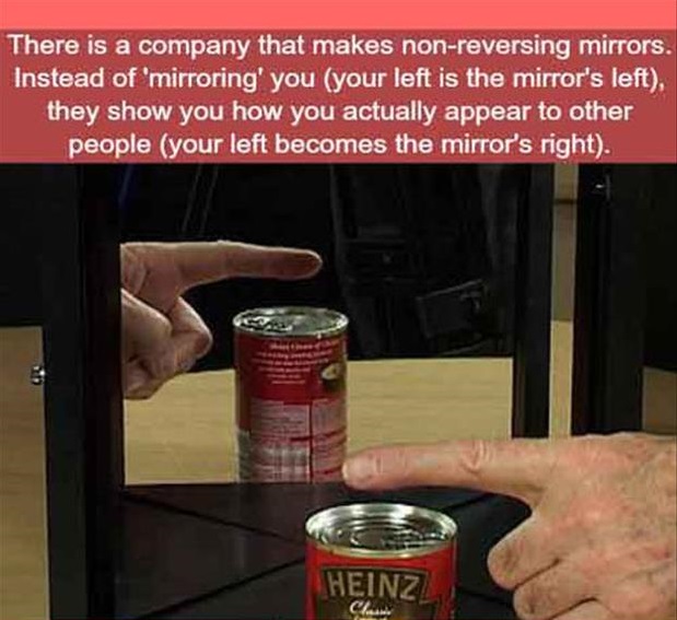 true mirror - There is a company that makes nonreversing mirrors. Instead of 'mirroring' you your left is the mirror's left. they show you how you actually appear to other people your left becomes the mirror's right. Heinz