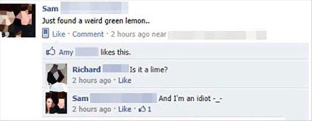 fired facebook - Sam Just found a weird green lemon.. Comment 2 hours ago near Amy this. Richard is it a lime? 2 hours ago Sam 2 hours ago And I'm an idiot i