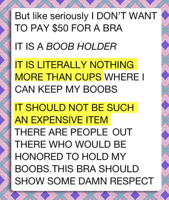 tumblr - best friend boob quotes - But seriously I Don'T Want To Pay $50 For A Bra It Is A Boob Holder It Is Literally Nothing More Than Cups Where I Can Keep My Boobs It Should Not Be Such An Expensive Item There Are People Out There Who Would Be Honored
