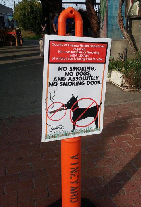 Humour - County of Fresno Health Department requires No Live Animals or Smoking within 20 feet of where food is being held for sale. No Smoking No Dogs, And Absolutely No Smoking Dogs. Bad Dog Vintard