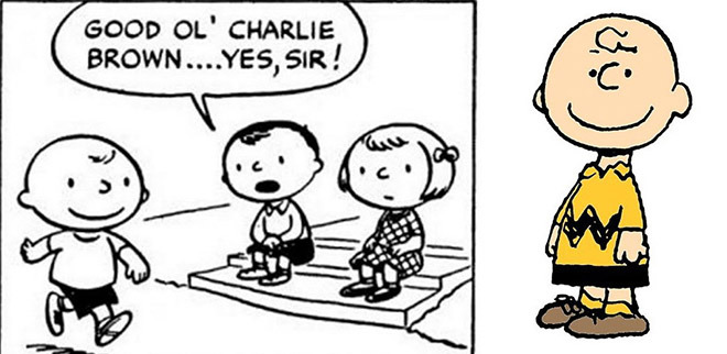 Charlie Brown in 1950 vs now. Who knew a taller head and a zigzag shirt would've made such a difference!