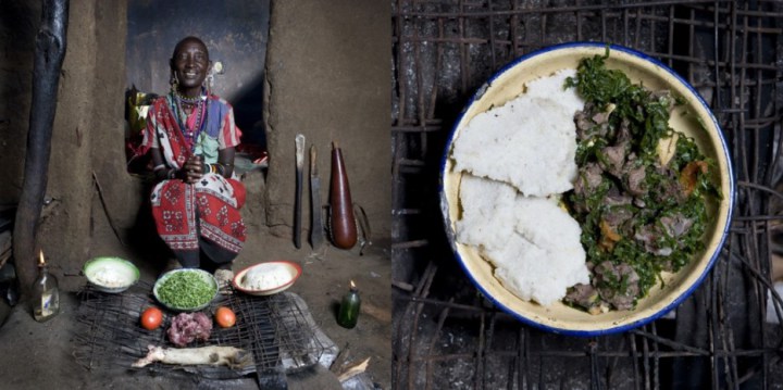 Oltepessi masaai mara Kenya: Mboga and orgali white corn polenta with vegetables and goat by Normita Sambu Arap, 65 years old
