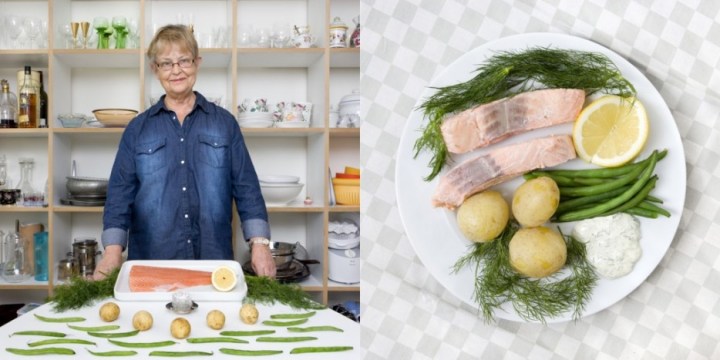 Stockholm, Sweden: Inkokt Lax  poached cold salmon and vegetables by Brigitta Fransson, 70 years old