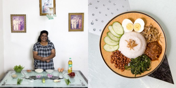 Kuala Lumpur, Malaysia: Nasi Lemak coconut rice with vegetables and fried dried anchovies by Thilaga Vadhi, 55 years old
