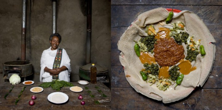 Addis Ababa, Ethiopia: Enjera with churry and vegetables by Bisrat Melake, 60 years old