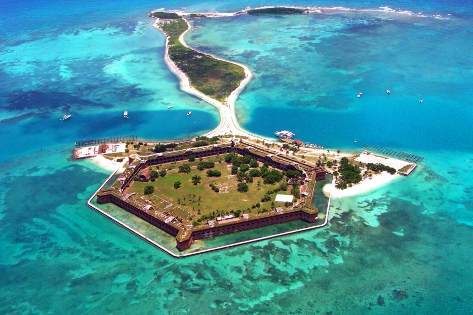 Dry Tortugas National Park in Florida, Composed of the seven westernmost islands of the Florida Keys, this place is made for scuba lovers. The park is 99 percent water and only accessible by boat or sea-place. It also features Fort Jefferson, the large hexagonal outpost pictured above.