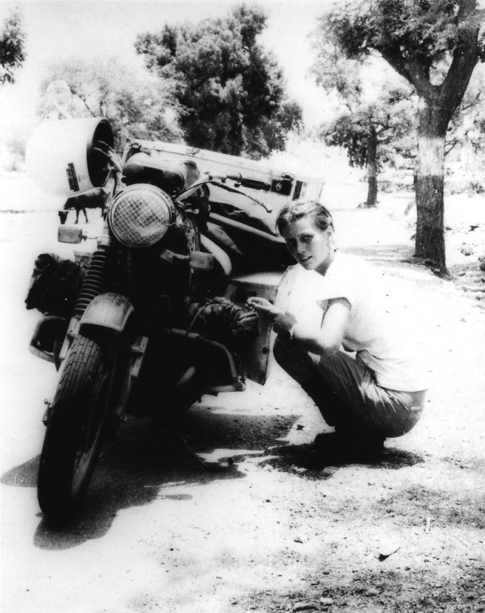 Elspeth Beard, during her attempt to become the first Englishwoman to circumnavigate the world by motorcycle. 1980s