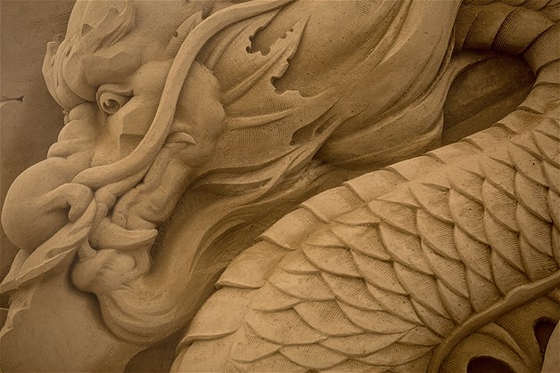 A large dragon sand sculpture is seen at the site of Yokohama Sand Art Exhibition - Culture City of East Asia 2014 on July 16, 2014 in Yokohama, Japan.