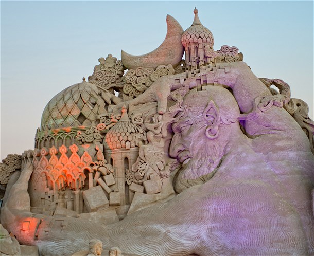 Sand sculpture at the Remal International Festival in Kuwait inspired by the book ''One Thousand and One Nights.''