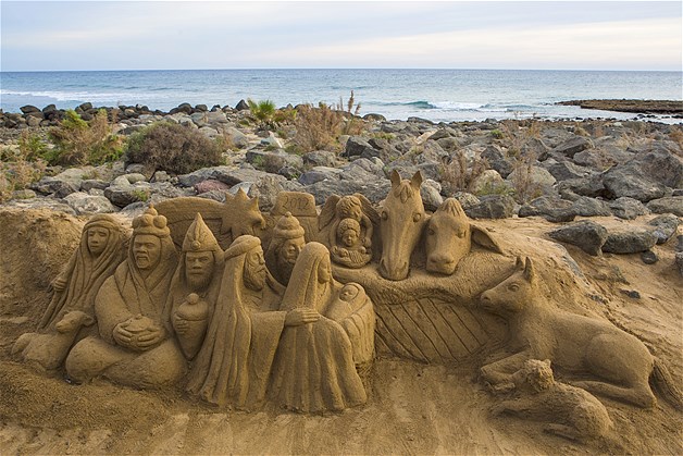 A sand sculpture at Maspalomas Beach, Canary Islands, Spain.