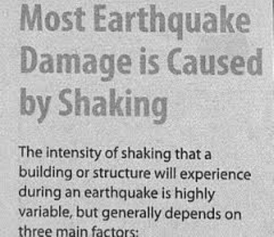 handwriting - Most Earthquake Damage is Caused by Shaking The intensity of shaking that a building or structure will experience during an earthquake is highly variable, but generally depends on three main factors