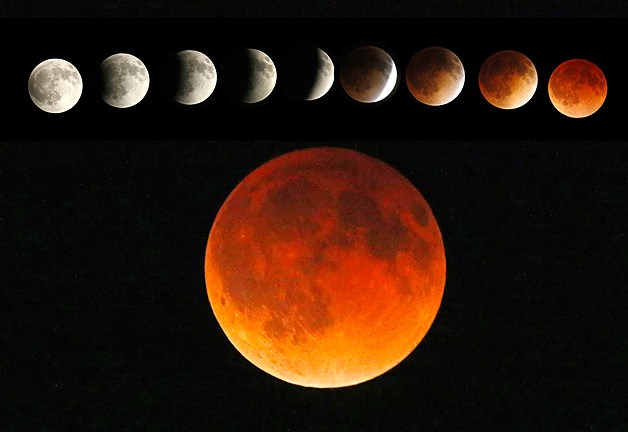This combination image shows the "Blood Moon" total lunar eclipse as seen over Minnesota.