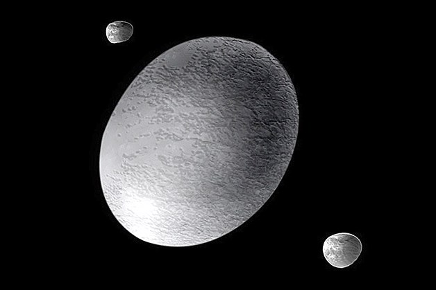 An artist's concept of dwarf planet Haumea and its moons, Hi'aka and Namaka.