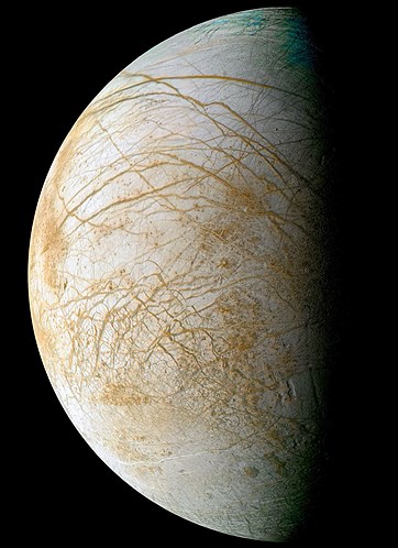 Complex and beautiful patterns adorn the icy surface of Jupiter's moon Europa, as seen in this color image intended to approximate how the satellite might appear to the human eye.