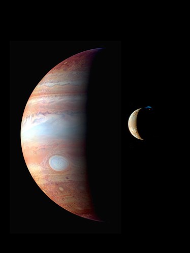 This is a montage of New Horizons images of Jupiter and its volcanic moon Io, taken during the spacecrafts Jupiter flyby in early 2007.
