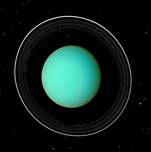 An image of Uranus taken by Voyager 2 as it passed the giant planet. Visible are Uranus' 18 moons, a number that ties it with Saturn for the most around any planet.