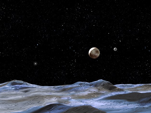 This artist's concept shows the Pluto system from the surface of one of the candidate moons.