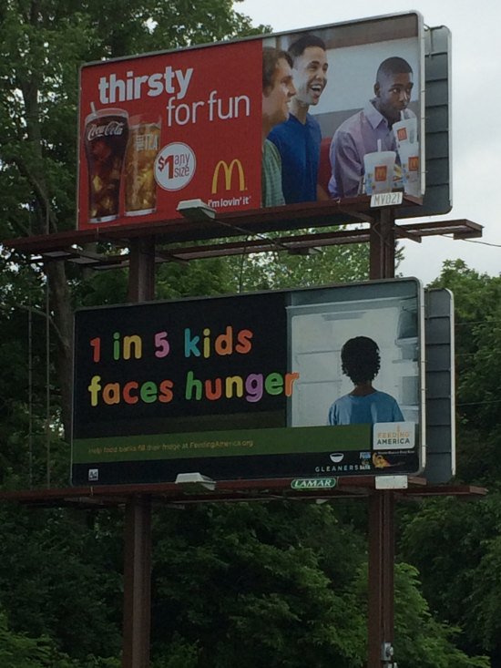billboard - thirs for fun Alte I'm lovin't 1 in 5 kids faces hunger America Gleaners Lamar
