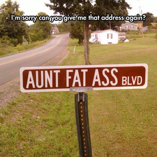 funny street name signs - I'm sorry can you give me that address again? Obrt Aunt Fat Ass Blvd