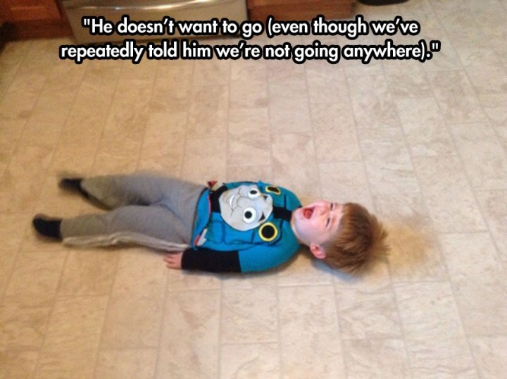 kids tantrum funny - "He doesn't want to go even though we ve repeatedly told him we're not going anywhere."