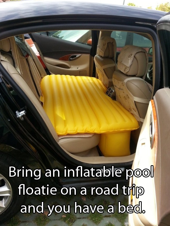 car backseat mattress - Bring an inflatable pool floatie on a road trip and you have a bed.