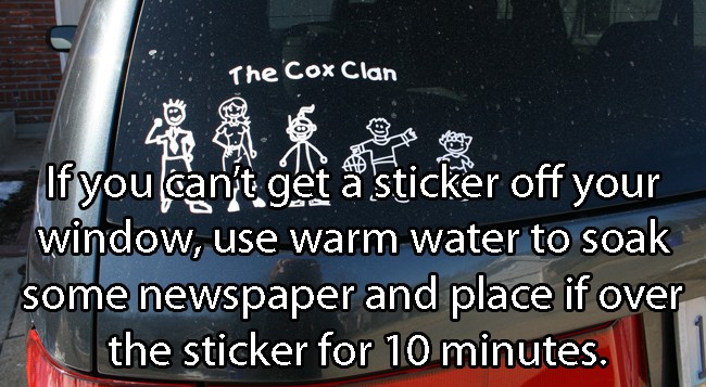 family stickers for cars - The Cox Clan S or off your If you can't get a sticker off your window, use warm water to soak some newspaper and place if over the sticker for 10 minutes.