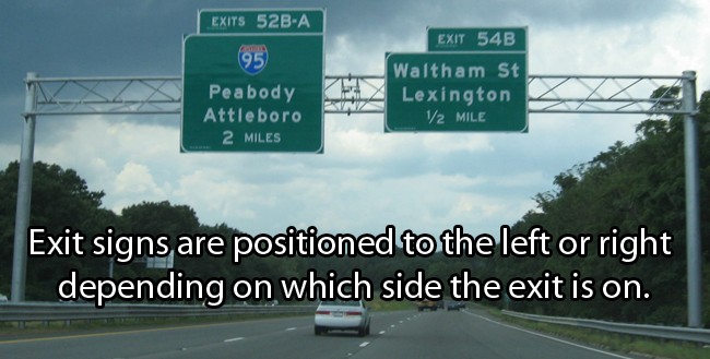 driving life hacks - Exits 52BA 95 Peabody Attleboro 2 Miles Exit 54B Waltham St Lexington V2 Mile Exit signs are positioned to the left or right depending on which side the exit is on.