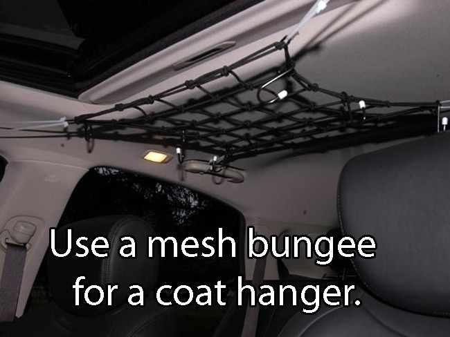 life hacks car - Use a mesh bungee for a coat hanger.