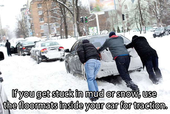 car stuck in snow - If you get stuck in mud or snow, use the floormats inside your car for traction.