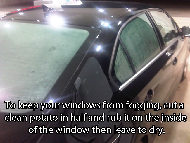 car fogged up windows - To keep your windows from fogging, cut a clean potato in half and rub it on the inside of the window then leave to dry.