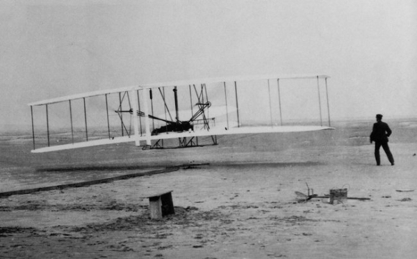 The Wright brothers first flight. The photo was taken so that people would believe them. 1903