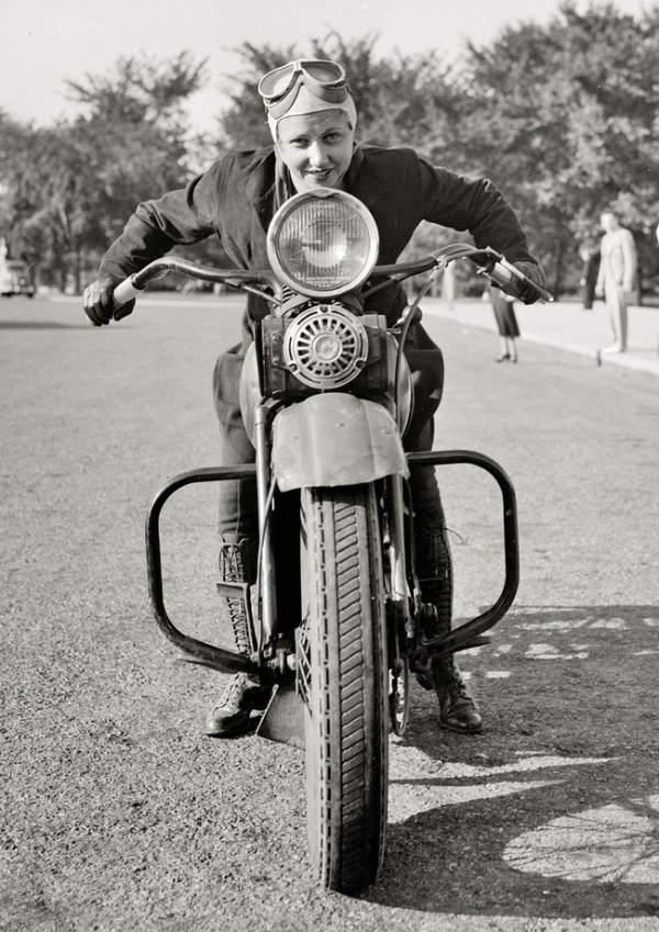 Sally Halterman, the first woman granted a license to operate a motorcycle in Washington, D.C. 1937