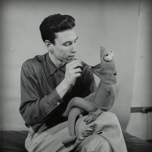 Jim Henson creating his first Kermit puppet. 1950s
