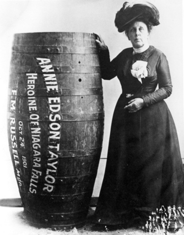 Annie Edson Taylor, the first person to survive going over the Niagara Falls in a barrel on her 63rd birthday. 1901