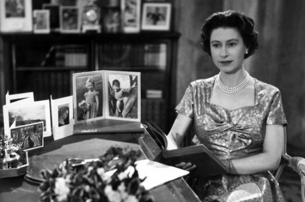 Queen Elizabeth II giving her first televised Christmas address. 1957
